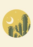Aesthetic night bush with saguaro cactus illustration. Yellow tones, beige colors. vector
