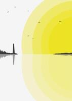 Nordic landscape with lighthouse near water illustration. View on lighthouse in the sunny ocean minimalist print. vector