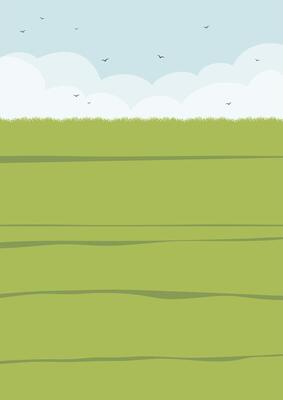 Vector country rural landscape scene with green wheat field. Skyline with clouds cartoon style illustration.