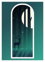 Silhouette of deer standing in night forest view. Magical misty landscape, fog. vector