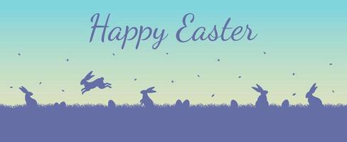 Happy Easter day banner. Colorful gradient easter horizontal background with bunnies and eggs lawn vector