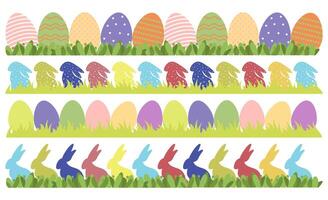 Easter border frames with rabbits and eggs. Banner set with decorated eggs and bunnies vector