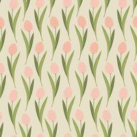 Easter tulips on seamless pattern. Easter eggs, branches, flowers in pastel gentle colors. vector