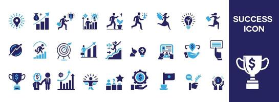 Success icon set. Successful business development, plan and process symbol. Solid  flat  vector  icons collection.