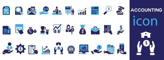 Accounting icon set. Containing financial statement, accountant, financial audit, invoice, tax calculator, business firm, tax return, income and balance sheet icons. Solid icon collection. flat vector