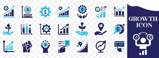 Growth icon set with performance, gain, improvement, grow, chart, increase, evolution, and development icons vector