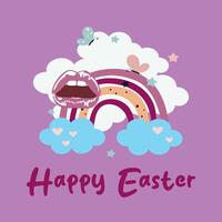 Happy Easter. T-shirt design of a rainbow with clouds and lips with pink colors on a violet background. Pop Art vector