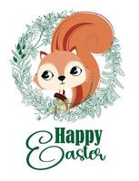 Happy easter. T-shirt design of a squirrel with an acorn on a circle of leaves. Children's vector illustration.