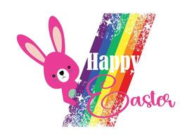 Happy easter. T-shirt design of a rainbow with a pink bunny on a white background. vector