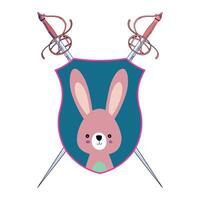 T-shirt design of a coat of arms with a pink rabbit and two ancient swords.. vector