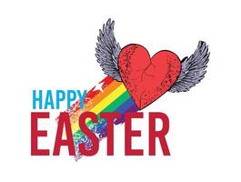 Happy easter. T-shirt design with a red winged heart along with a rainbow and sans serif text. vector