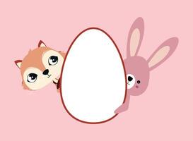 T-shirt design of a white Easter egg with a rabbit and a squirrel peeking out on a pink background. vector