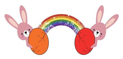 T-shirt design of a rainbow and two Easter eggs with pink rabbits on a white background.. vector