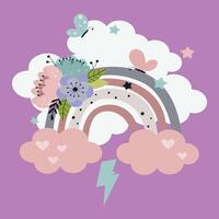 T-shirt design of a rainbow with clouds and lips with pink colors on a violet background. Pop Art. vector