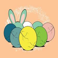 T-shirt design of multicolored Easter eggs and bunny ears on a pink background. vector