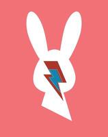 T-shirt design featuring the silhouette of a white rabbit next to the thunder bolt symbol on a pink background. vector