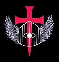 T-shirt design of a cage with wings next to a large medieval cross on a black background. vector