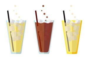 Set of glasses of soda with ice cubes and bubbles. Lemonade, cola and orange in a glass cup. Sweet carbonated drinks. Menu of drinks in a bar or cafe. Flat style. Isolated. Vector illustration