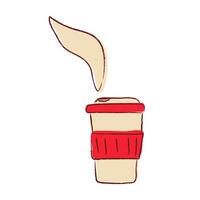 Doodle cup of coffee. Take away. Hot drink in a disposable glass with aroma. Coffee to go. Invigorating drink. Color image. Drawn in pencil. An isolated object on a white background. Vector