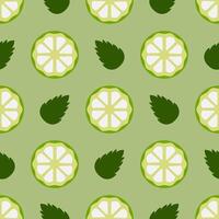 Pattern Slice of lime and mint leaves. Seamless pattern Circle of citrus fruits and herbs on a green background. Ingredients for tea or Mojito cocktail recipe. Refreshing drink. Flat style. Vector