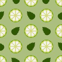 modelo rebanada de Lima y menta hojas. sin costura modelo circulo de agrios frutas y hierbas en un verde antecedentes. ingredientes para té o mojito cóctel receta. refrescante beber. plano estilo. vector