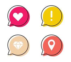 Set of bubbles with icons - heart, exclamation point, diamond, pin. Online conversation. Colored speech with white symbols on a white background. Isolated. Labels. Vector illustration