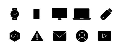 Device icons - clock, phone, computer, laptop. Internet - video, mail, avatars, programming. USB flash and warning sign. Technologies. Collection Filled black icons for the site. Vector illustration.