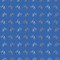 Pattern icons of bicycles ride on the rear wheel. Seamless print on a blue background. Cycling, spinning wheels. Journey on ecological transport. Vector illustration.
