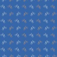 Pattern icons of bicycles ride on the rear wheel. Seamless print on a blue background. Cycling, spinning wheels. Journey on ecological transport. Vector illustration.