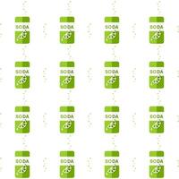 Seamless pattern of soda cans and bubbles. Lime lemonade, green tin. Sweet carbonated drink. Lime slice on a jar. Thirst. Flat style. Vector illustration