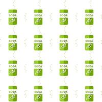 Seamless pattern of soda cans and bubbles. Lime lemonade, green tin. Sweet carbonated drink. Lime slice on a jar. Thirst. Flat style. Vector illustration