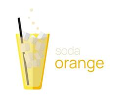 Glass of orange lemonade with ice and straws. Text Soda Orange. Transparent glass with chilled soda and bubbles. Cafe menu. Delicious, childish and sweet drink. Isolated. Vector illustration