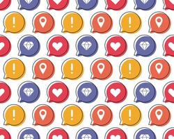 Bubble pattern with icons - heart, exclamation mark, diamond, pin. Chat with emoji. Internet conversations. Colored speech with white symbols on a white background. Vector illustration