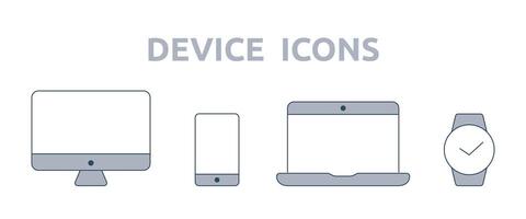 Device icons - computer, phone, laptop and watch. Set of Technics, electronics and technologies. Outline icons with filled parts. Icons for the site. Vector illustration.