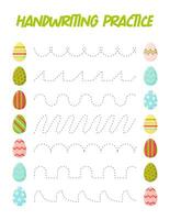 Tracing lines with eggs. Handwriting practice for children.Practicing fine motor skills. Educational game for preschool kids. Vector illustration.