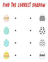 Find the right shadow. Educational game with cute eggs. Easter eggs with logic games for children. A training card with tasks for preschool and kindergarten children. vector