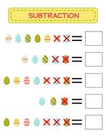 Subtracting. Math worksheet for kids. Developing numerical skills. Solve the examples and write the answers. Mathematics. Vector illustration. Educational math children's game. Subtract for kids.