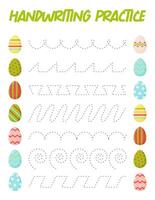 Tracing lines with eggs. Handwriting practice for children.Practicing fine motor skills. Educational game for preschool kids. Vector illustration.