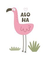 aloha. Cartoon flamingo, decor elements, watermelon, pineapple, tropical leaves, hand drawing lettering. colorful summer vector illustration, flat style. Doodle phrase. design for print, greeting card