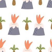 seamless pattern with cartoon volcano, decor elements. Colorful vector flat style for kids. hand drawing. baby design for fabric, print, wrapper, textile