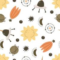 seamless pattern with cartoon sun, spaceship, comet, decor elements. Colorful vector for kids. Space. hand drawing. baby design for fabric, print, wrapper, textile