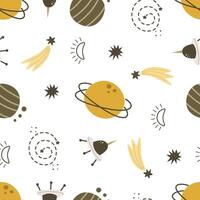 seamless pattern with cartoon planets, spaceship, stars, decor elements. Colorful vector for kids. Space. hand drawing. baby design for fabric, print, wrapper, textile