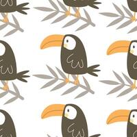 Seamless pattern with cartoon toucans, decor elements. colorful vector for kids. hand drawing, flat style. baby design for fabric, print, textile, wrapper