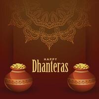 tradicional contento Dhanteras antecedentes con dorado monedas maceta vector