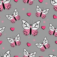 Seamless pattern with butterflies and pink hearts on a gray background vector