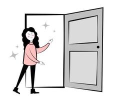 Woman and opened door on white background. Welcome vector