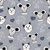 Seamless pattern of mouse and cats on grey background vector