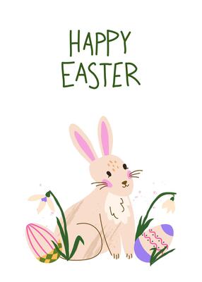 Cute Easter card witn Bunny, Easter eggs, snowdrops. Happy Easter - handwritten lettering. Vector vertical card for poster, card, scrapbooking, stickers
