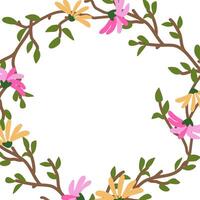 Bright spring border with branches and wildflowers. Vector design template with text space for banner, poster, card