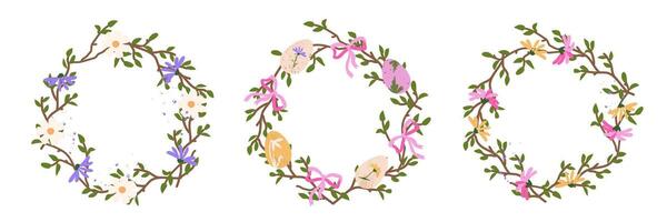 Set of Easter spring wreaths with Easter eggs, wildflowers and bows. Vector bright template with text space for banner, poster, card and decorations